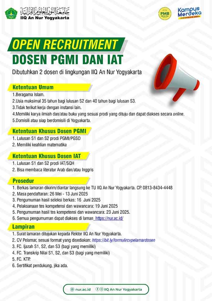 Lowongan Kerja! Rekrutmen Dosen IAT dan PGMI IIQ An Nur Yogyakarta