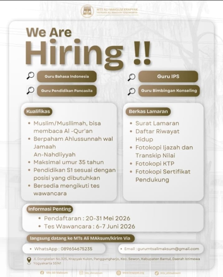 Loker Guru! MTs Ali Maksum Cari Guru Bahasa Indonesia, IPS, hingga BK